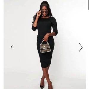 Unique Vintage Black Sleeved Mod Wiggle Dress Black Midi Large 10 12